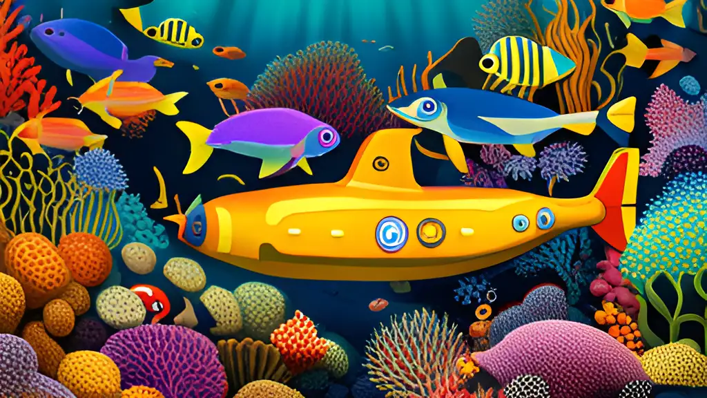 The Beatles' Yellow Submarine crossing a vibrant underwater garden surrounded by colorful marine life, under the soft, ambient lighting of bioluminescent creatures.