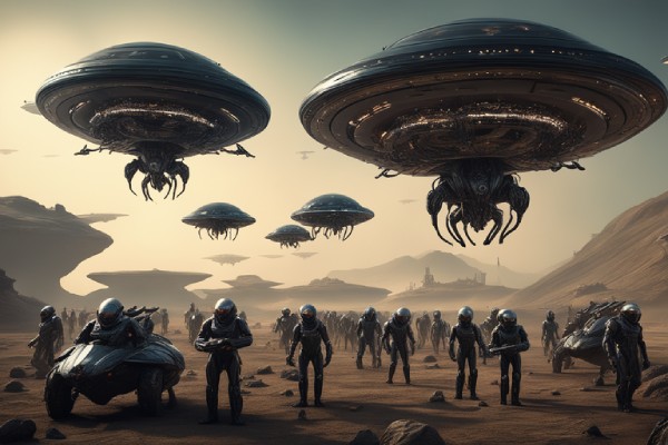 A fleet of relentless alien invaders with technology far beyond human comprehension - Penas Luminosas: A Luta Épica de Emily, Aelios e os Defensores de Marte - Psy Brasil - Image Copyright: contato@agideia.com.br