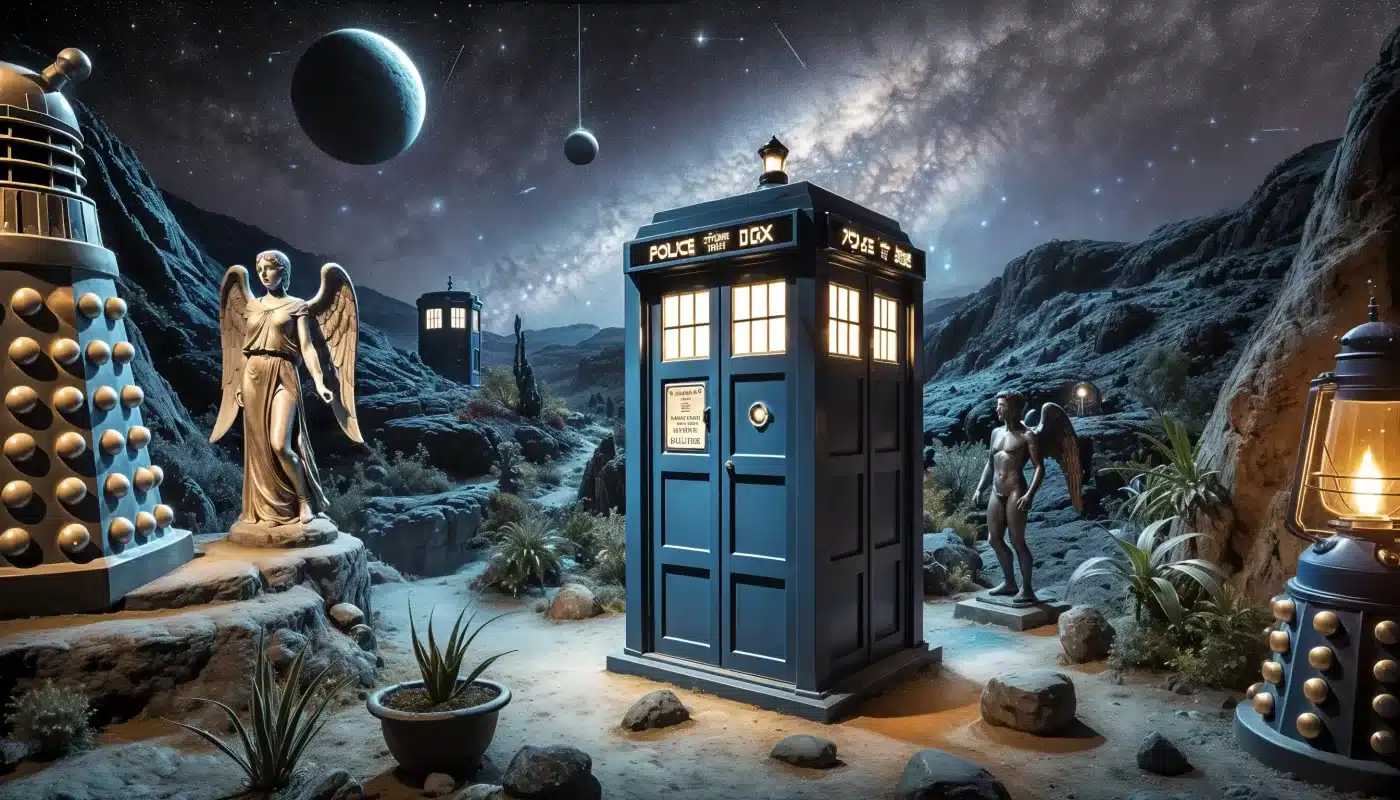 A detailed image of a blue British phone cabin, standing in an alien landscape. the phone cabin is illuminated with a soft, glowing light, contrasti - Watch Doctor Who Online All Seasons - Psy Brasil - Image Copyright: contato@agideia.com.br