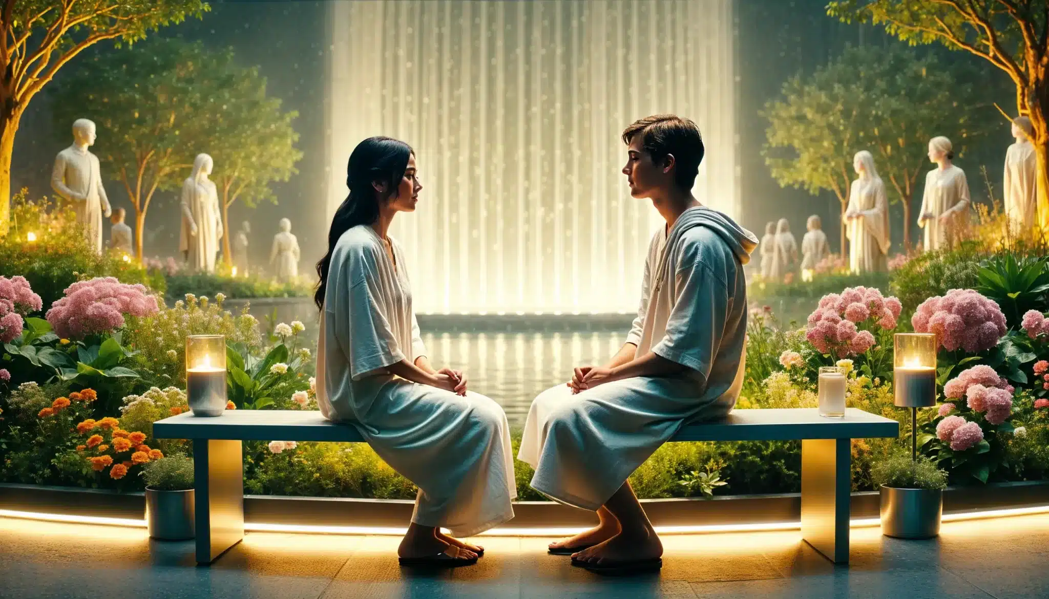 Two people sitting side by side on a bench, engaged in conversation. Both are dressed in white garments, which appear to be simple tunics, possibly indicating a spiritual or symbolic setting. In the background, there is a luminous fountain, along with several flowers and plants, creating a calm and serene atmosphere. The two individuals are looking at each other with peaceful expressions, suggesting a moment of connection or reflection.